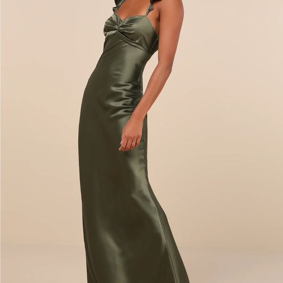 Lulu's Olive Satin Maxi Dress with Ruffle Straps - Picture 3 of 3